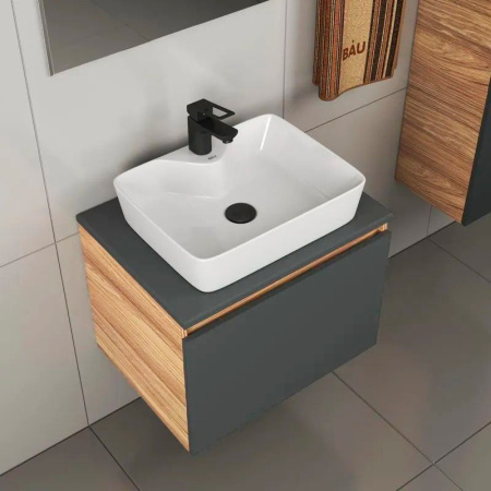 Комплект для ванной, 4 предмета (тумба Bau Dream 60 графит + раковина BAU 48х37, с отв. под смеситель + смеситель Cerama Black, выпуск клик-клак, черный)