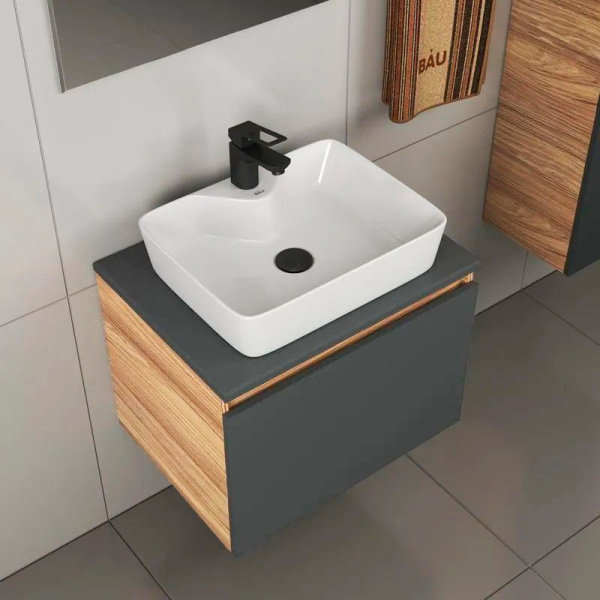 Комплект для ванной, 4 предмета (тумба Bau Dream 60 графит + раковина BAU 48х37, с отв. под смеситель + смеситель Cerama Black, выпуск клик-клак, черный)