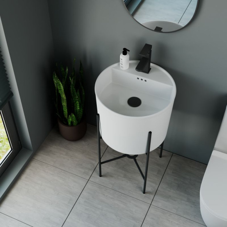 Раковина напольная с металлическими ножками и выпуском (BAU Omega белая + смеситель Hotel Black, выпуск клик-клак черный)