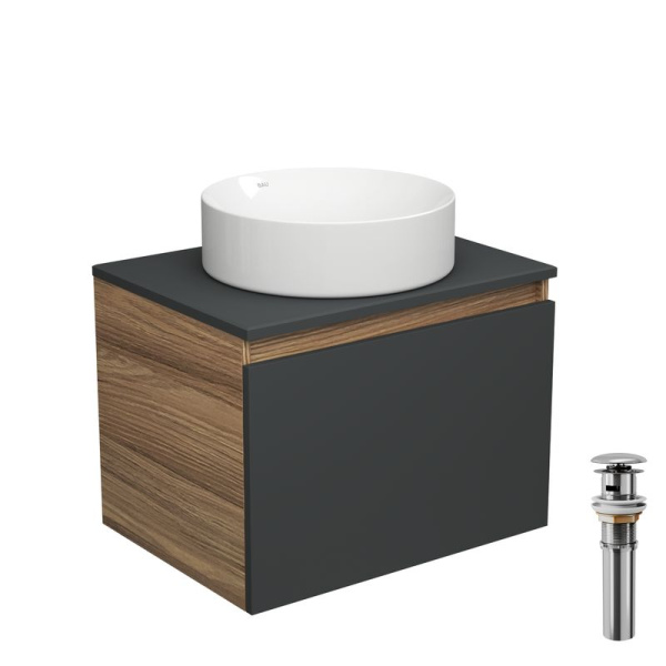 Тумба с раковиной и выпуском (тумба Bau Dream 60, графит + раковина санфаянс накладная круглая BAU Dream D41, выпуск клик-клак, хром)