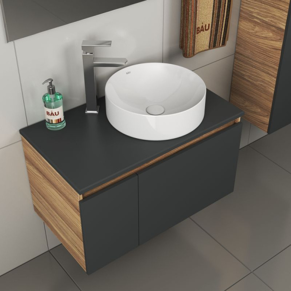 Комплект для ванной, 4 предмета (тумба Bau 80, графит + раковина BAU Dream D41 + смеситель Hotel Still, выпуск клик-клак, белый)