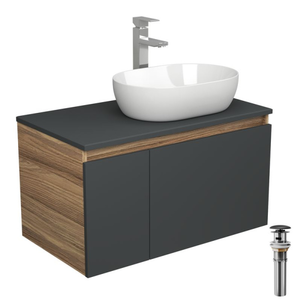 Комплект для ванной, 4 предмета (Тумба подвесная Bau Blackwood 80 графит + Раковина BAU 48х34 + Смеситель Hotel Still, нерж. сталь, выпуск черный)