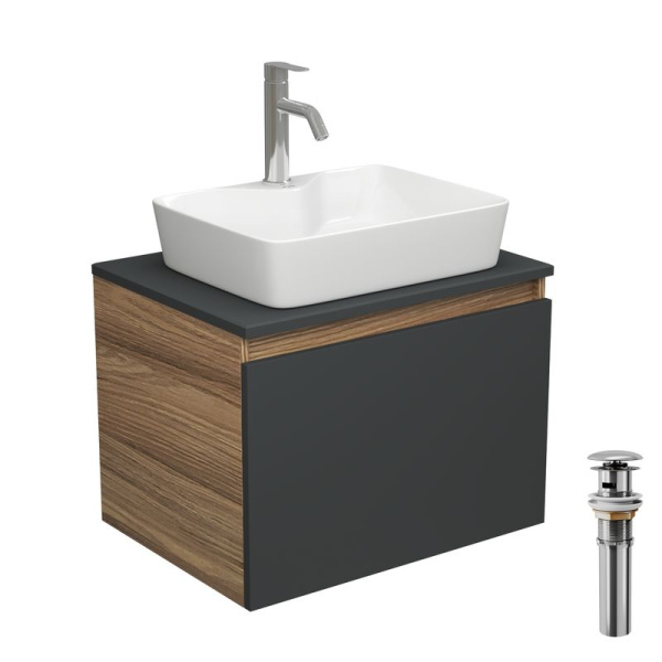 Комплект для ванной, 4 предмета (тумба Bau 60, графит + раковина BAU 48х37, с отв. под смеситель + смеситель Dream, выпуск клик-клак, хром)