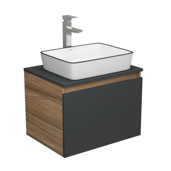 Комплект для ванной, 3 предмета (тумба Bau Dream 60, графит + раковина санфаянс накладная BAU Hotel Black Rand 48х37, смеситель высокий Hotel Still)