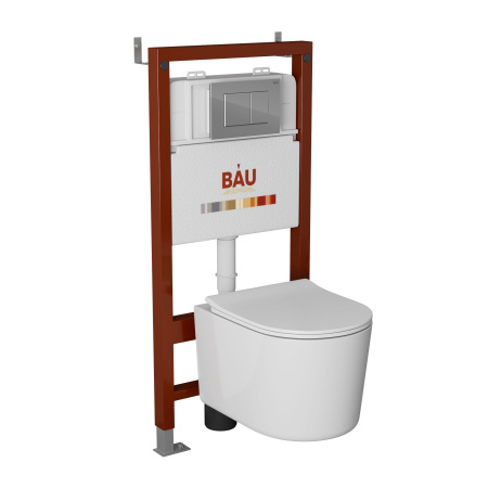 Комплект BAU 6 в 1: инсталляция BAU PRO, унитаз подвесной безободковый Bau Hotel PRO, сиденье быстросъемное микролифт, клавиша BAU Stil, хром