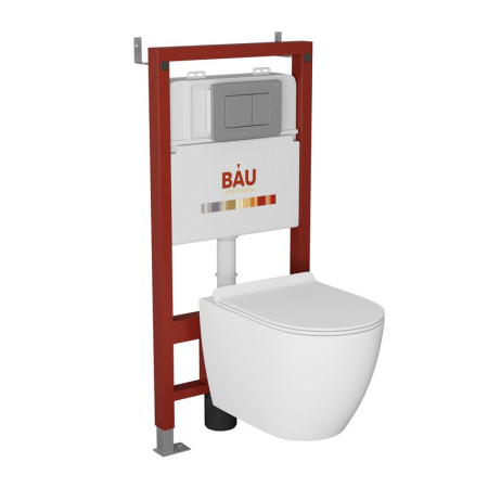 Комплект BAU 6 в 1: инсталляция BAU PRO, унитаз подвесной безободковый Bau Dream PRO-2, сиденье быстросъемное микролифт, клавиша BAU Stil Gun Grey, антивандальная, нержавеющая сталь серый металлик