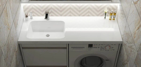 Раковина над стиральной машиной BAU Bloom 120х50, литьевой мрамор в комплекте с кронштейнами и сифоном белый глянец, левая
