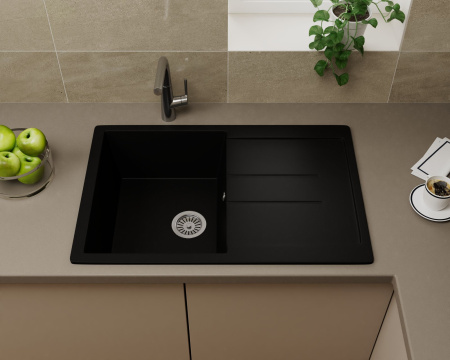 Мойка для кухни оборачиваемая с крылом BAU Stil Black coal 77х50, выпуск с сифоном в комплекте, черный уголь