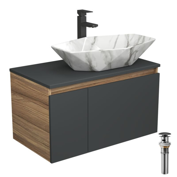 Комплект для ванной, 4 предмета (Тумба подвесная Bau Blackwood 80 графит + Раковина BAU 64х40, мрамор + Смеситель Hotel Black, черный, выпуск черный)