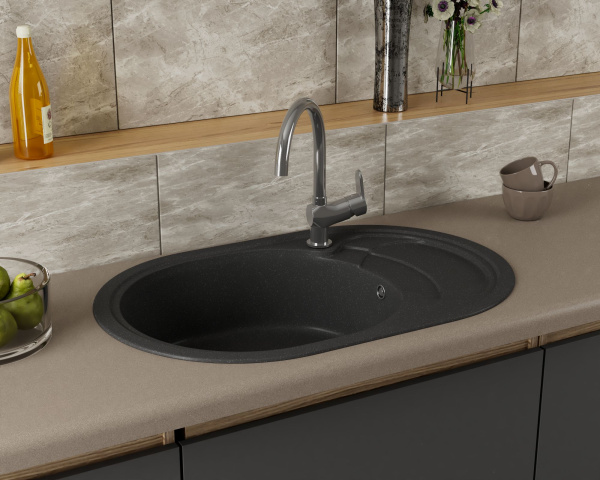 Мойка для кухни оборачиваемая овальная BAU Nimb Black stone 78х50, выпуск с сифоном в комплекте, черный камень