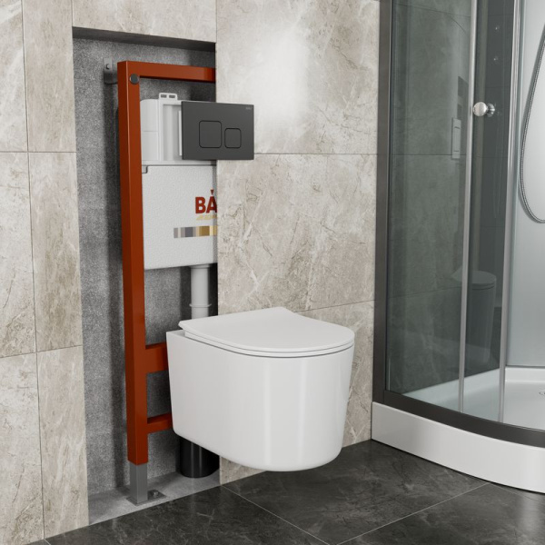 Комплект BAU 6 в 1: инсталляция BAU PRO, унитаз подвесной безободковый Bau Hotel PRO, быстросъемное сиденье микролифт, кнопка смыва BAU Soul, черная матовая