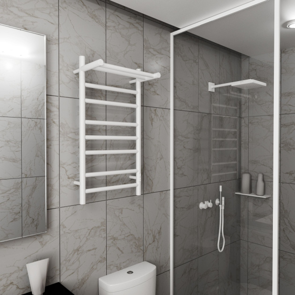 Полотенцесушитель электрический с полкой BAU Stil Shelf 40х80, 7 планок, универсальный, белый полуматовый