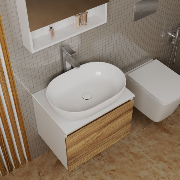 Комплект для ванной, 4 предмета (Тумба подвесная Bau Blackwood 60 + Раковина BAU 59х40 + Смеситель высокий Hotel Still, нерж. сталь, выпуск белый)