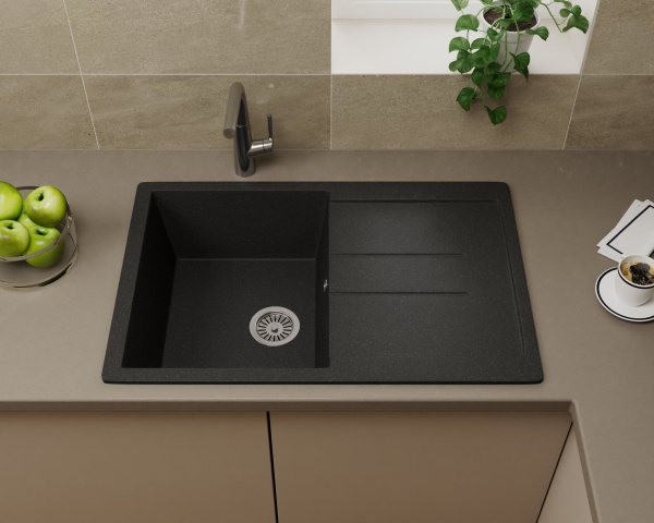 Мойка для кухни оборачиваемая с крылом BAU Stil Black stone 77х50, выпуск с сифоном в комплекте, черный камень