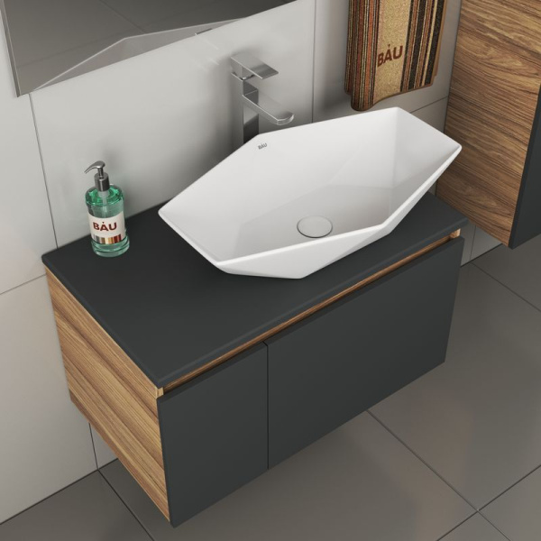 Комплект для ванной, 4 предмета (тумба Bau 80, графит + раковина на столешницу BAU Crystal 64х40 + смеситель Hotel Still, выпуск клик-клак, белый)