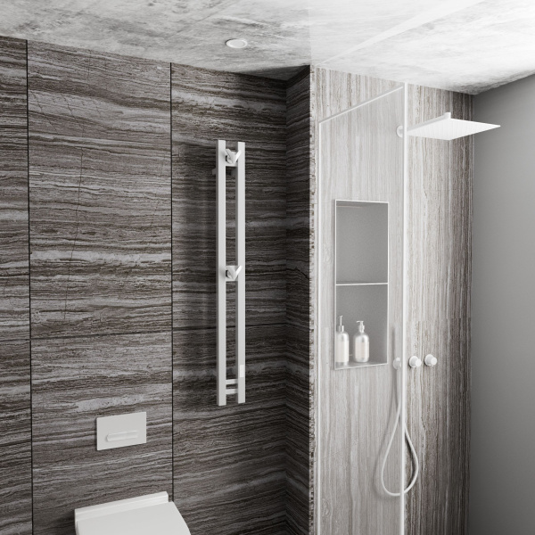 Полотенцесушитель дизайнерский электрический, профильный BAU Stella Square 10х120, 2 коллектора, 2 крючка, белый полуматовый