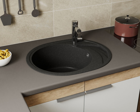 Мойка для кухни оборачиваемая овальная BAU Nimb Black stone 58х47, выпуск с сифоном в комплекте, черный камень