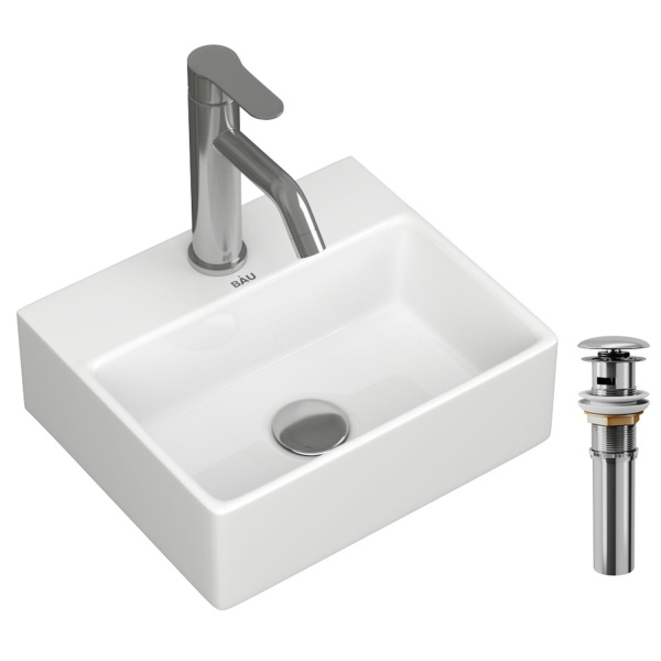 Раковина накладная со смесителем и выпуском (прямоугольная BAU Cerama Mini 33х28 + смеситель Cerama Black, черный, выпуск)