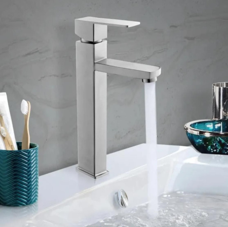 Раковина накладная со смесителем и выпуском (прямоугольная BAU Stil 50х40, белая/черная + смеситель Hotel Still, нер. сталь, выпуск клик-клак хром)