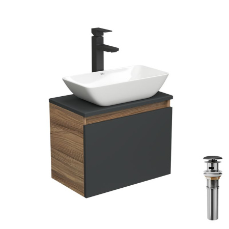 Комплект для ванной, 4 предмета (тумба Bau 50, графит + раковина чаша BAU Spectrum mini 47х24 + смеситель Hotel Black, выпуск клик-клак, черный)