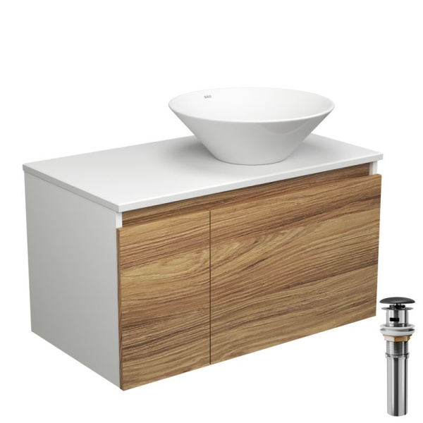 Тумба с раковиной и выпуском (тумба подвесная Bau Dream 80 + раковина BAU Dream D43, белая, выпуск клик-клак, черный)