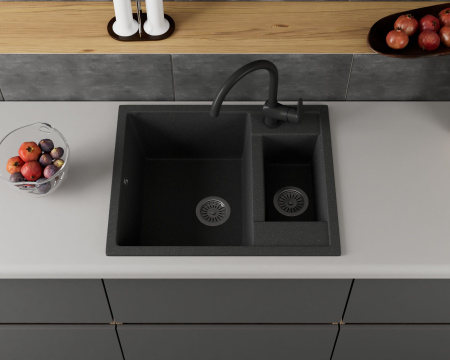 Мойка для кухни оборачиваемая с крылом BAU Stil Black stone 60х50, выпуск с сифоном в комплекте, черный камень