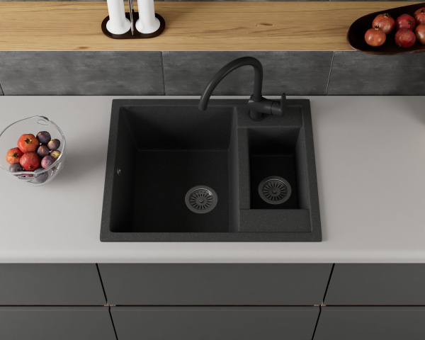 Мойка для кухни оборачиваемая с крылом BAU Stil Black stone 60х50, выпуск с сифоном в комплекте, черный камень