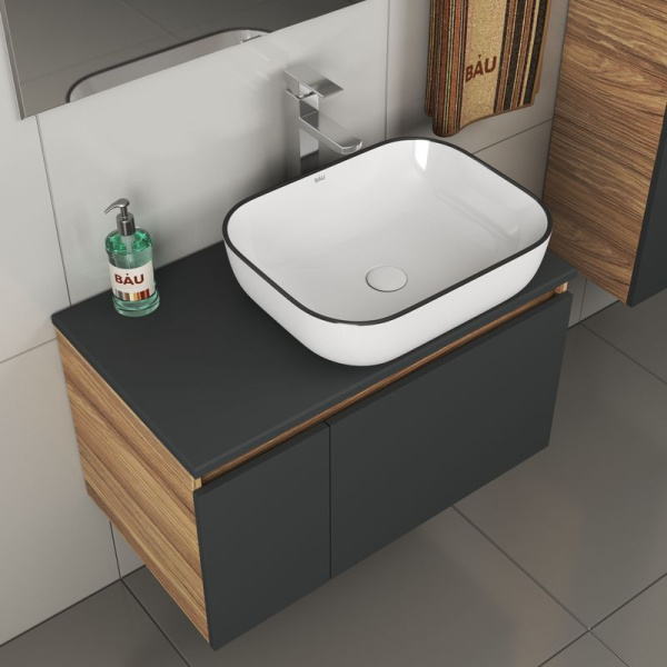 Комплект для ванной, 4 предмета (тумба Bau 80, графит + раковина BAU Stil Black Rand 50х40 + смеситель Hotel Still, выпуск клик-клак, белый)