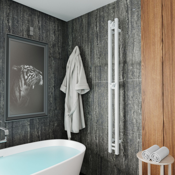 Полотенцесушитель дизайнерский электрический, профильный BAU Stella Square 10х160, 2 коллектора, 2 крючка, белый полуматовый