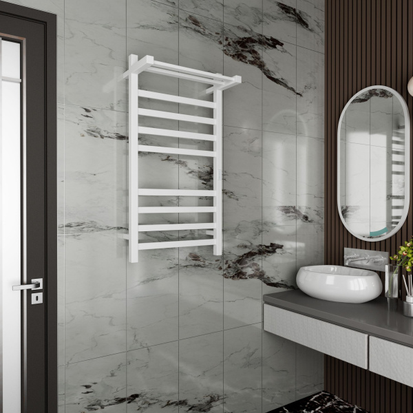 Полотенцесушитель электрический профильный с полкой BAU Hotel Shelf 50х100, 8 планок, универсальный, белый полуматовый