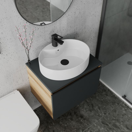 Комплект для ванной, 4 предмета (Тумба подвесная Blackwood 60 графит + Раковина BAU 51х41, с отв. под см-ль + Смеситель Cerama Black, выпуск черный)