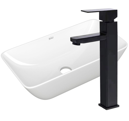 Раковина накладная со смесителем (чаша прямоугольная BAU Spectrum mini 47х24, белая + смеситель высокий Hotel Black, черный)
