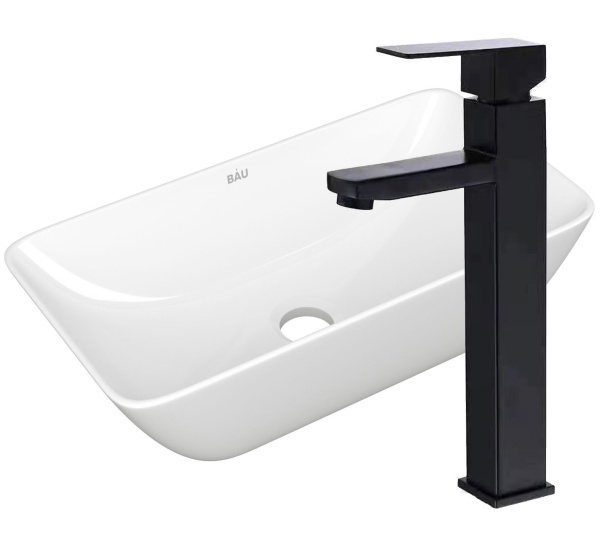 Раковина накладная со смесителем (чаша прямоугольная BAU Spectrum mini 47х24, белая + смеситель высокий Hotel Black, черный)