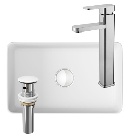 Раковина накладная со смесителем и выпуском (прямоугольная BAU Hotel mini 37х23, белая + смеситель Hotel Still, нер. сталь, выпуск клик-клак белый)