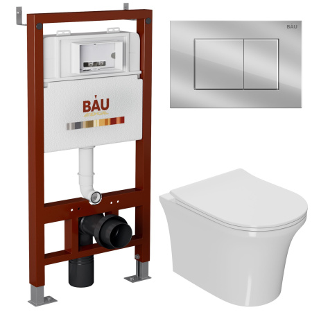 Комплект BAU 6 в 1: инсталляция BAU PRO, унитаз подвесной безободковый Bau Spectrum PRO, сиденье быстросъемное микролифт, клавиша BAU Stil, хром