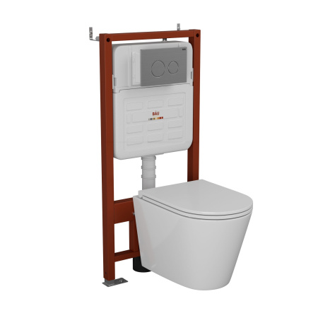 Комплект BAU 6 в 1: усиленная инсталляция BAU IDEAL, унитаз подвесной безободковый вихревой Bau Nimb Hurricane3, сиденье дюропласт микролифт, клавиша BAU Wheel антивандальная, нерж сталь брашированная