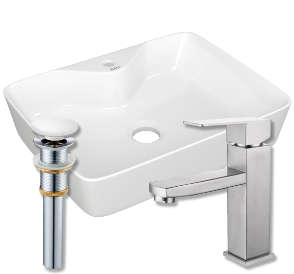 Раковина накладная со смесителем и выпуском (прямоугольная BAU 48х37, смеситель Hotel Still, клик-клак белый)