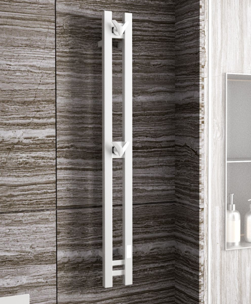 Полотенцесушитель дизайнерский электрический, профильный BAU Stella Square 10х120, 2 коллектора, 2 крючка, белый полуматовый