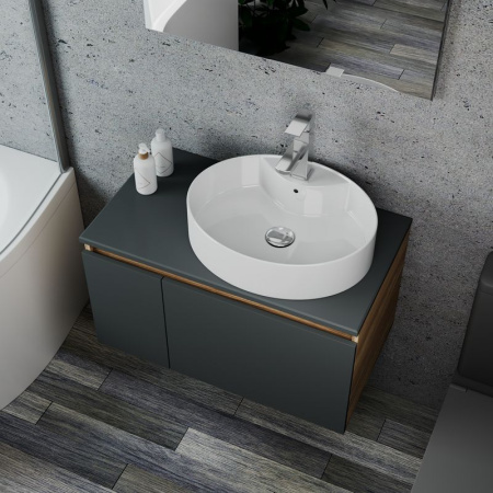 Комплект для ванной, 4 предмета (Тумба подвесная Bau Blackwood 80 графит + Раковина BAU 51х41, с отв. под см-ль, Смеситель Hotel, нерж. сталь, выпуск)