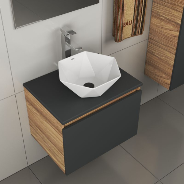 Комплект для ванной, 4 предмета (тумба Bau 60, графит + раковина на столешницу BAU Crystal 40х40 + смеситель Hotel Still, выпуск клик-клак, черный)