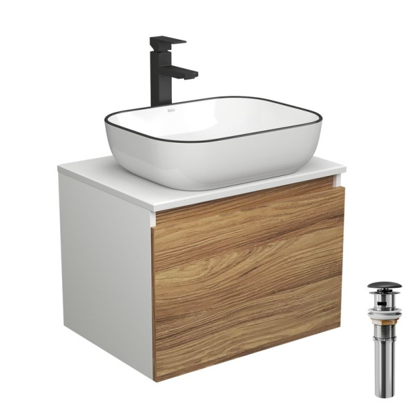 Комплект для ванной, 4 предмета (тумба Bau Dream 60 + раковина BAU 50х40, белая + смеситель Hotel Black, выпуск клик-клак, черный)