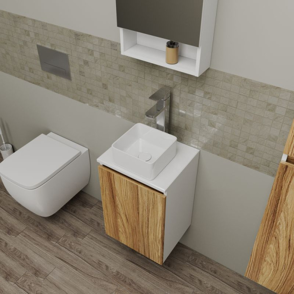 Комплект для ванной, 4 предмета (Тумба Bau Dream Blackwood 40, раковина BAU Mini 24х24, смеситель для раковины Potato Hotel, выпуск клик клак, белый)