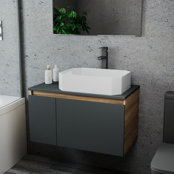 Комплект для ванной, 3 предмета (Тумба подвесная Bau Blackwood 80 графит + Раковина BAU Hotel 51х37, Смеситель высокий Hotel Black, черный)