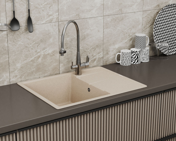 Мойка для кухни врезная кварцевая в комплекте с сифоном BAU Stil Sand 65х51, песочный