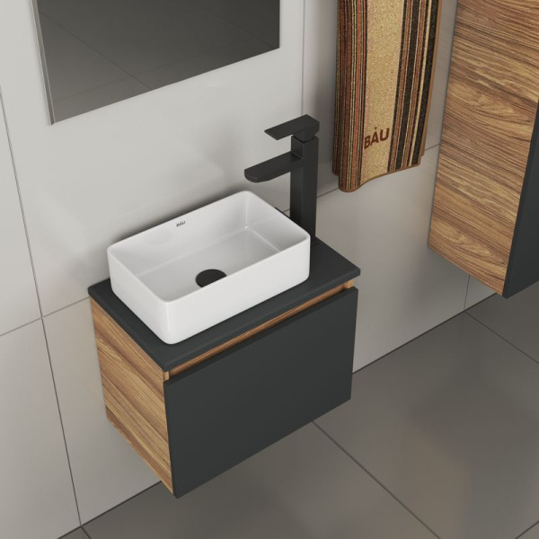 Комплект для ванной, 4 предмета (тумба Bau 50, графит + раковина BAU Hotel mini 37х23 + смеситель Hotel Black, выпуск клик-клак, черный)