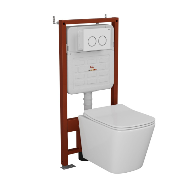 Комплект BAU 6 в 1: усиленная инсталляция BAU IDEAL, унитаз подвесной безободковый Bau Stil 49х35, сиденье дюропласт микролифт, клавиша BAU Round, белый/хром