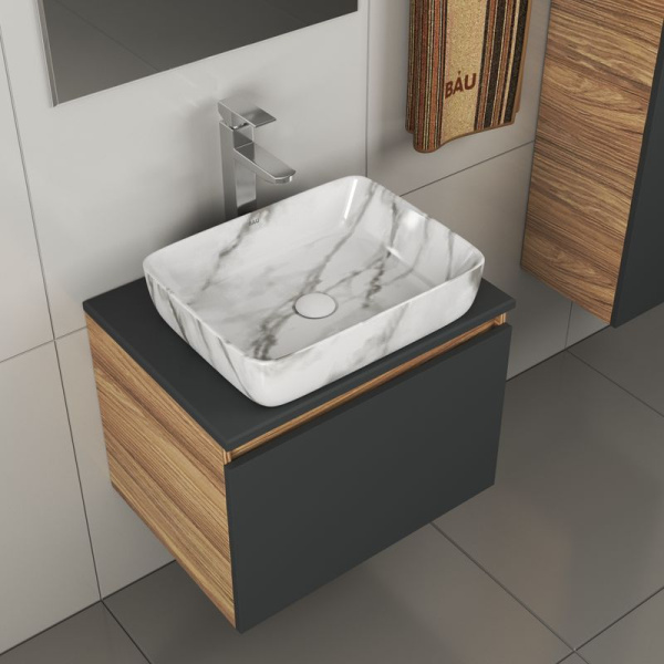 Комплект для ванной, 4 предмета (тумба Bau 60, графит + раковина BAU Hotel 48х37 + смеситель Hotel Still, выпуск клик-клак, белый)