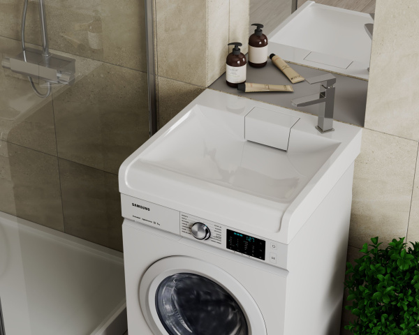 Раковина над стиральной машиной BAU Cerama 60х60, литьевой мрамор в комплекте с кронштейнами и сифоном , белый глянец