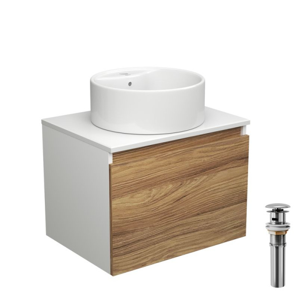 Тумба с раковиной и выпуском (тумба подвесная Bau Dream 60 + раковина BAU Element D40, с отверстием под смеситель, белая, выпуск клик-клак, хром)