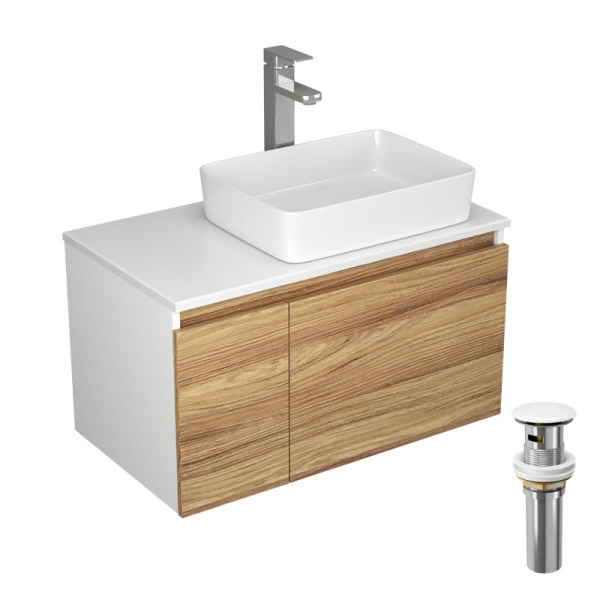 Комплект для ванной, 4 предмета (Тумба Bau Dream Blackwood 80, раковина BAU Hotel 48х37, смеситель для раковины Potato Hotel, выпуск клик клак, белый)